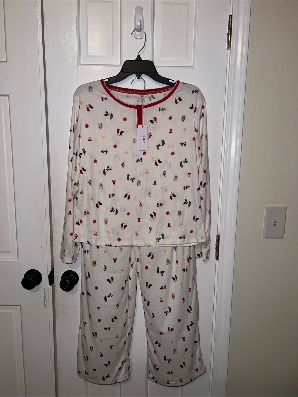 White Holiday Print Long-Sleeve Pajama Set with Red Trim
